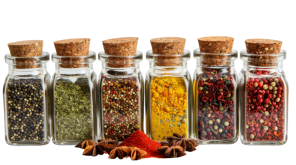 A row of spice bottles filled with various types of spices, lined up neatly on a shelf