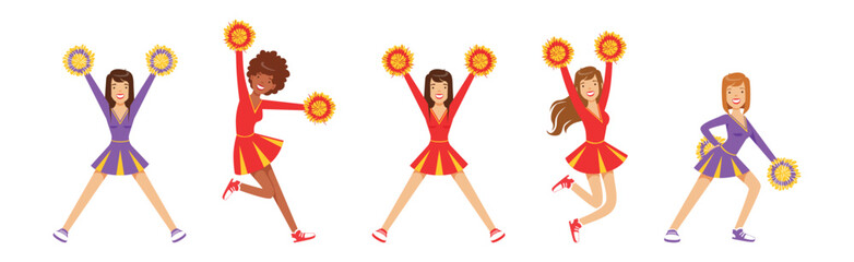 Dance of Cheerleader Girl Character in Uniform with Pompom Vector Set