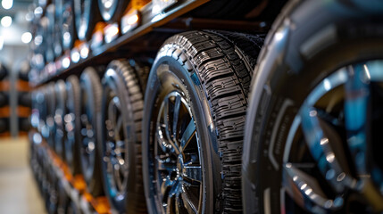 Fototapeta premium A row of new tires neatly displayed on racks in a tire shop. The image conveys a wide selection of tire options available for different vehicles, highlighting the variety and quality of products