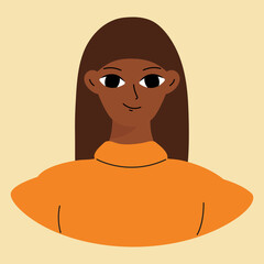 Face of a young black girl. African american brunette. Character design in flat style isolated on white backround.