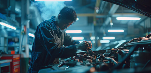 A mechanic working diligently under the hood of a car in a clean, organized service garage. The scene highlights the thorough inspection and maintenance services provided to ensure the vehicle's
