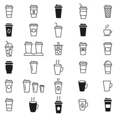 Coffee cup icon set. Linear and silhouette style. Vector illustration.