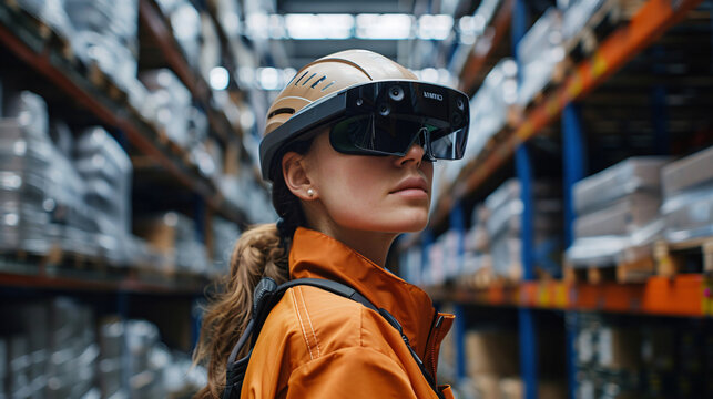 A warehouse worker using augmented reality glasses to navigate through aisles and locate items for shipment. The AR display shows overlay information, enhancing accuracy and speed in logistics
