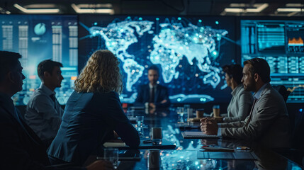A team of logistics professionals in a virtual meeting, discussing strategies with a 3D model of a global supply chain network projected in the center. The virtual environment fosters collaboration