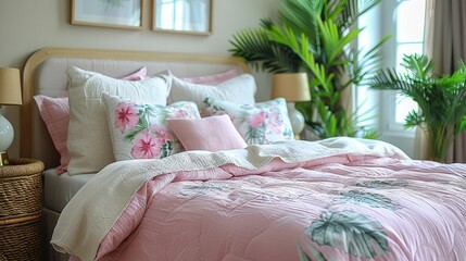  A spacious bedroom with a cozy bed featuring a vibrant pink comforter and plush pillows In one corner, you'll find a lush palm