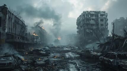 A desolate cityscape with crumbling buildings and abandoned cars, overrun by hordes of zombies. The sky is dark and ominous, with smoke and debris filling the air, creating a sense of dread and chaos