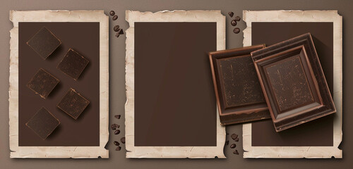 Fototapeta premium Vector stereoscopic rectangle template set with chocolate brown scrapbook mockup frame photo collage.