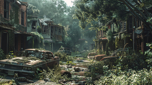 An overgrown suburban neighborhood with decaying houses and abandoned vehicles, as zombies roam freely. Nature has begun to reclaim the area, adding an eerie, desolate beauty to the apocalyptic scene.