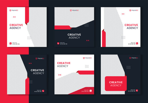 Red creative business social media post design, set of square corporate website agency template, digital marketing editable vector