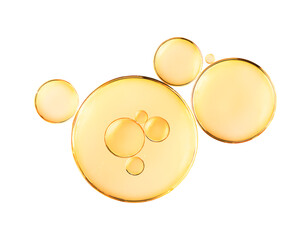 macro photo of golden oily round drops on white isolated background