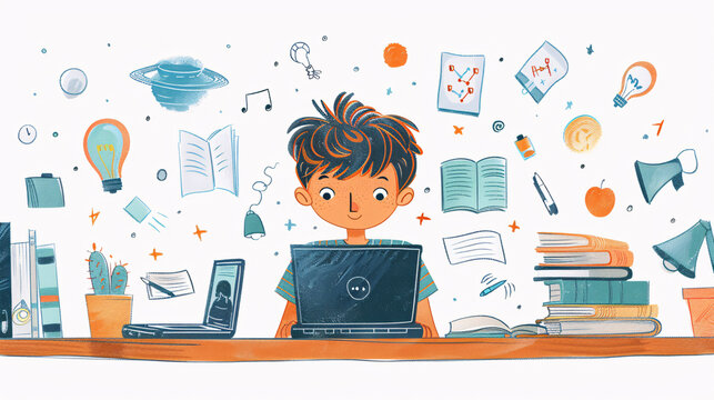 A child sitting at a desk with a laptop and books, surrounded by illustrations of different professions, symbolizing the exploration of future career possibilities through education.