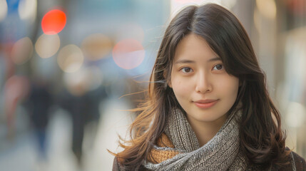 Obraz premium Young woman smiling in city. Portrait of a beautiful young Japanese woman smiling while standing on a city street.