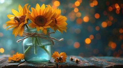  A mason jar brimming with golden sunflowers adorns a wooden table, bathed in warm light from a book of shadows behind