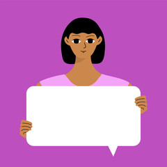 Pretty brunette swowing empty presentation. Young black woman holding blank placard, poster, paper. Simple flat style.