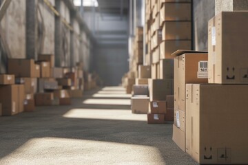 Warm sunlight spills over an array of cardboard boxes in a spacious warehouse