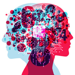 Dual human heads in profile with an overlay of circuit patterns and numbers, symbolizing technological and cognitive connections. Centrally positioned is a semitransparent computer CPU.
