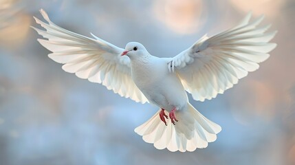   A white dove soars through the sky, spreading its wings in flight before the camera's eye