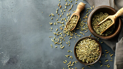 Fennel seeds and scoop in bowl on grey table space for