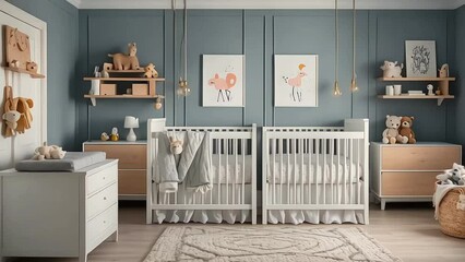 Modern nursery room with crib bed and toys