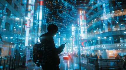 A person immersed in the Metaverse, exploring the virtual world through their mobile phone. The image captures the futuristic essence of blockchain technology