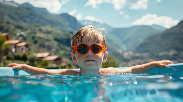Photo of a happy child in summer in open swimming pool view on mountains on background. Family resort, program in hotel for kids.