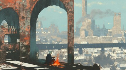 Solitary Figure in a Ruined Cityscape