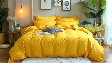   Cat lounging on yellow comforter, in white-rugged bedroom with potted plants beside bed