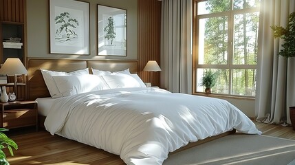   A spacious white bed sits in a cozy bedroom near a window, featuring a lush green potted plant perched on top