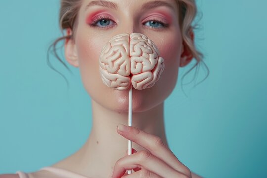 Close-up of a woman holding a model brain on a stick against a blue background