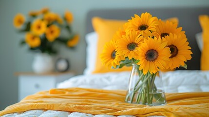   A vase brimming with golden sunflowers graces the edge of the mattress beside plush pillows and a vibrant yellow quilt