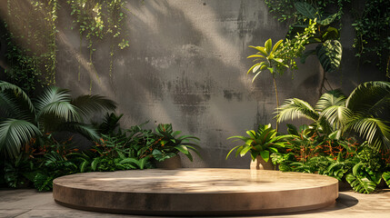 podium display with leaf shadow composition for product presentation, Concrete podium in tropical forest for product presentation and green wall, A circular podium surrounded by lush greenery 