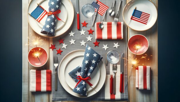 Top View Of A 4th Of July Dinner Table With Star-themed Decor. Independence Day Dinner With Star-themed Napkins And American Flags For Decoration.