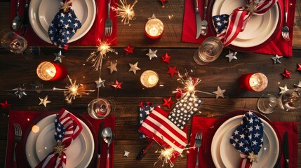 Top view of a 4th of July dinner table with star-themed decor. Independence Day dinner with star-themed napkins and American flags for decoration.