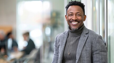 Confident African American man smiling in a modern business environment