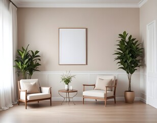 Frame mockup, ISO A paper size. Living room wall poster mockup. Modern interior design. Interior mockup with house background. 3D render