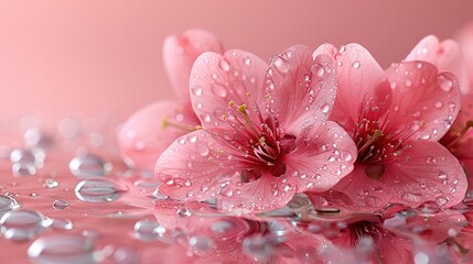   A close-up of a pink flower with droplets of water on its petals against a pink backdrop