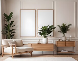 Fototapeta premium Frame mockup, ISO A paper size. Living room wall poster mockup. Modern interior design. Interior mockup with house background. 3D render