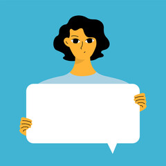 Young woman holding blank placard, poster, mockup. Pretty girl swowing empty presentation. Isolated illustration.