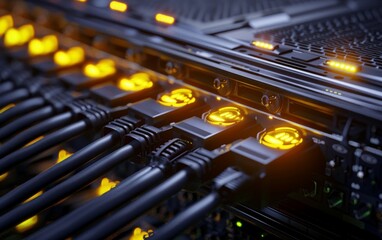 Glowing network cables and hardware ports in high-tech data server.