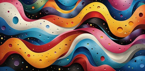 A vibrant painting showcasing colorful waves and bubbles swirling and dancing together in a mesmerizing display of motion and energy