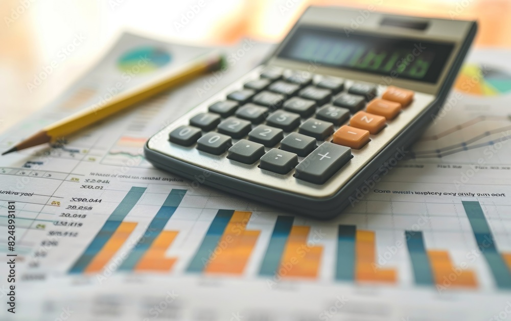 Wall mural graphs and charts with a calculator and pencil on a desk.