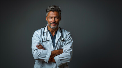 A confident man, wearing a stethoscope, stands tall with his arms crossed, exuding professionalism and expertise in the medical field