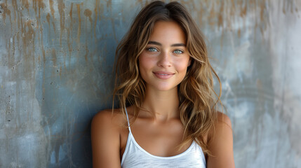 Fototapeta premium A radiant young woman stands confidently in front of a weathered wall, exuding grace and beauty