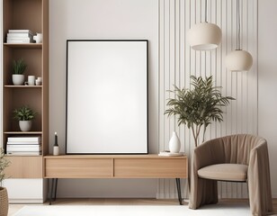 Frame mockup, ISO A paper size. Living room wall poster mockup. Modern interior design. Interior mockup with house background. 3D render