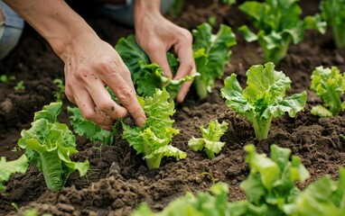 Hands planting young lettuce in fertile garden soil. - Powered by Adobe