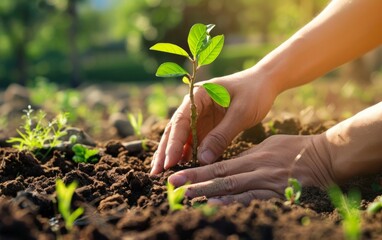 Hands planting young tree in warm sunlight, nurturing environmental growth.