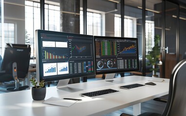 High-tech computer screens displaying financial data in a modern office.