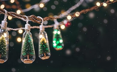 Miniature Christmas trees in lightbulb ornaments  hanging from a tree branch