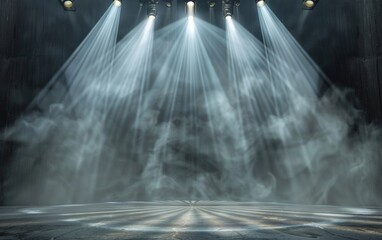 Illuminated concert stage with beams of light cutting through haze.