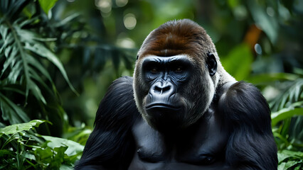 Fototapeta premium A gorilla sitting among lush green vegetation with a bokeh backdrop